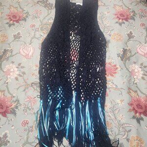 BLL New York Crochet Open Front Long Vest Navy/Teal Size Large